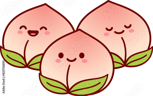 Shoutao, Longevity Peach Buns with kawaii faces. Traditional Chinese steamed baozi, cute cartoon drawing.  Vector illustration.