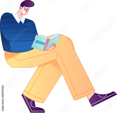 Vector flat gradient illustration of a character reading a book.
