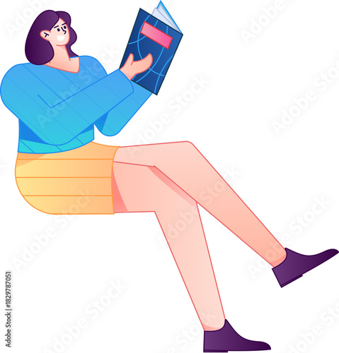 Vector flat gradient illustration of a character reading a book.
