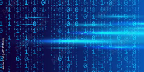 Big Data and Binary Code Technology Background. Abstract Blue Matrix of Digital Data, AI, Cybersecurity, and Blockchain Concepts. Futuristic Tech Code Flow Vector Illustration.
