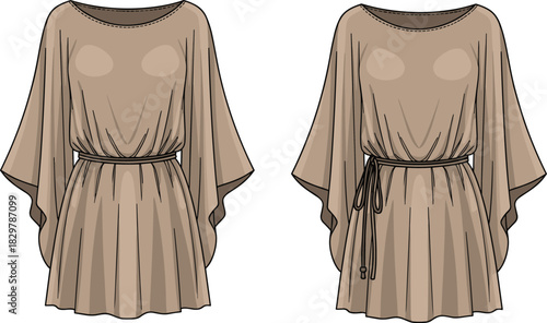 Boho tunic dress fashion flat sketch with flowy sleeves, gathered waist, tie belt details, stylish apparel design illustration