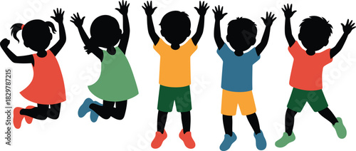 Five happy colorful cartoon children figures, boys and girls, jumping and raising their arms