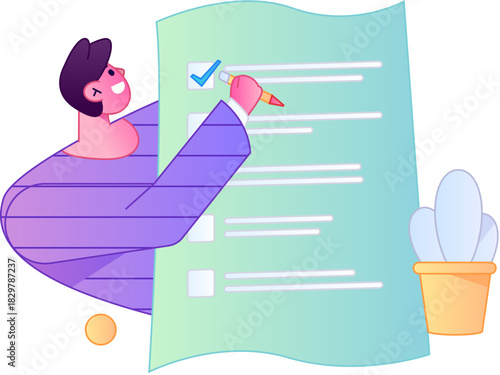 Vector flat gradient illustration of a character reading a book.
