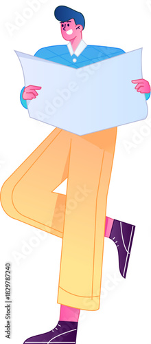 Vector flat gradient illustration of a character reading a book.
