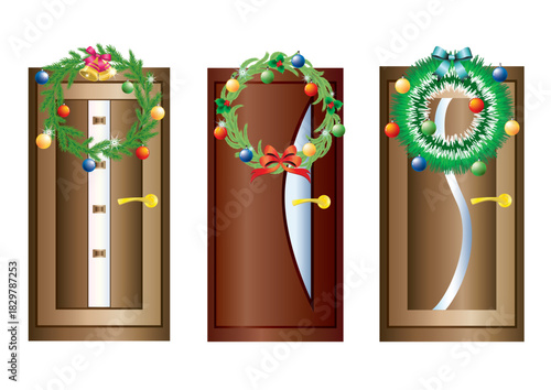 Set of doors with Christmas wreaths