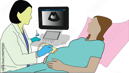 Doctor performs ultrasound on pregnant woman showing fetus on screen medical