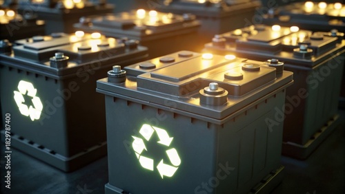 A collection of rechargeable batteries with glowing recycle symbols, emphasizing eco-friendly energy solutions.