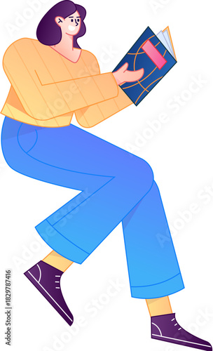 Vector flat gradient illustration of a character reading a book.
