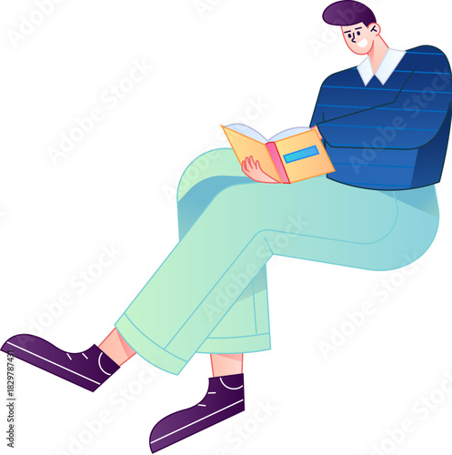 Vector flat gradient illustration of a character reading a book.
