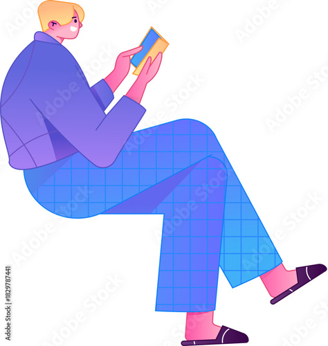Vector flat gradient illustration of a character reading a book.
