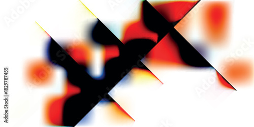 Abstract composition with a sharp black fragmented shape over soft, blurry red and blue forms on a white background.