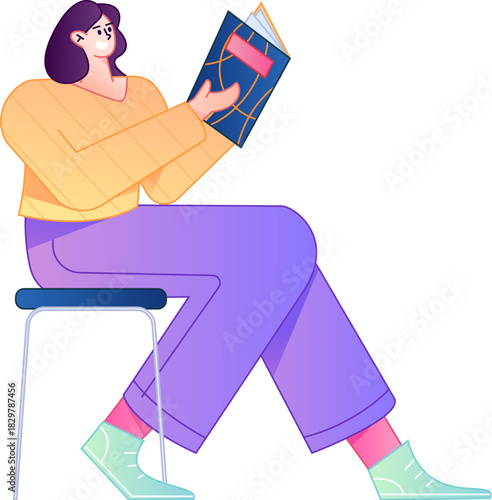 Vector flat gradient illustration of a character reading a book.
