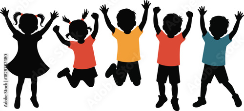 Five joyful children with black silhouettes wearing colorful shirts enthusiastically jump against a white background