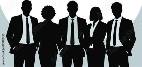 Five professional business people standing together in suits with light blue accents