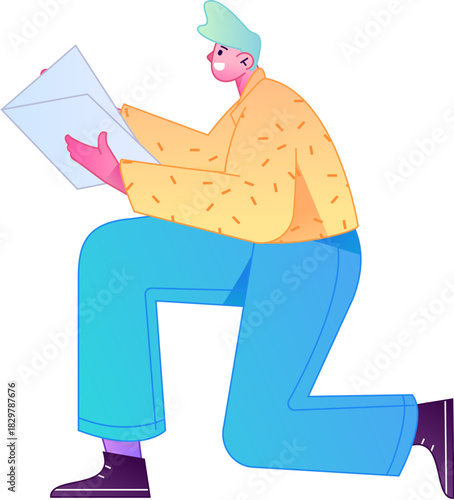 Vector flat gradient illustration of a character reading a book.

