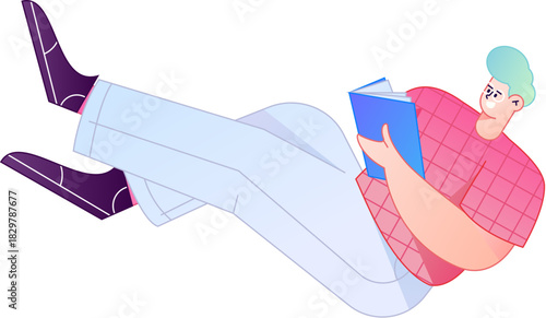 Vector flat gradient illustration of a character reading a book.
