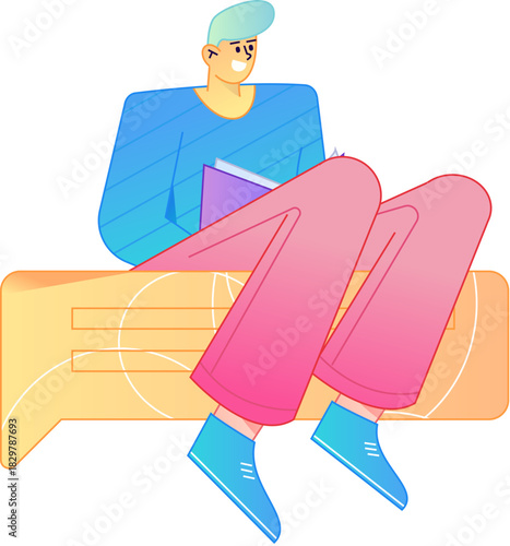 Vector flat gradient illustration of a character reading a book.

