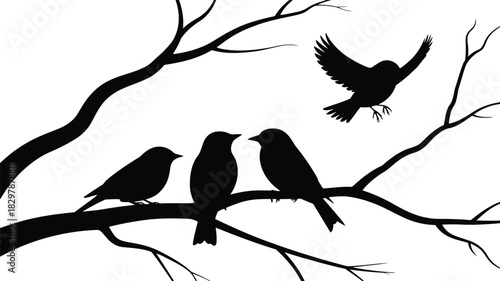 Four black bird silhouettes interact on bare tree branches against a clean white sky
