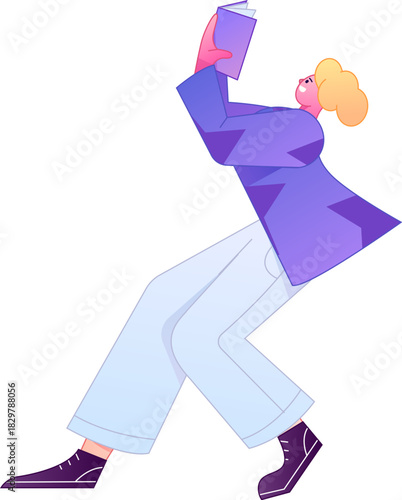 Vector flat gradient illustration of a character reading a book.
