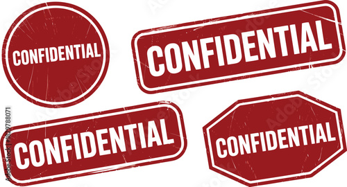 Four grunge style confidential red rubber stamp designs for official documents and sensitive information
