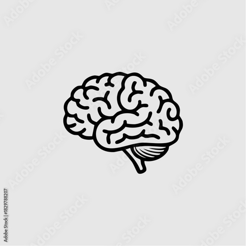 Simple black and white line art illustration of a human brain on a light grey background, depicting the cerebrum and cerebellum.