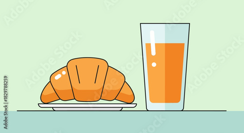 Flat illustration of a golden croissant on a plate and a tall glass of fresh orange juice.