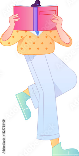 Vector flat gradient illustration of a character reading a book.
