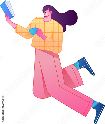 Vector flat gradient illustration of a character reading a book.
