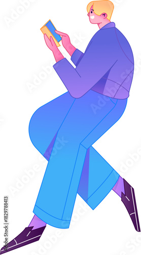 Vector flat gradient illustration of a character reading a book.
