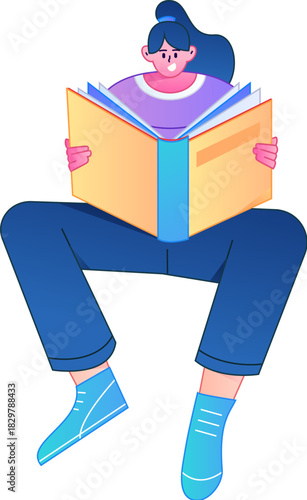 Vector flat gradient illustration of a character reading a book.

