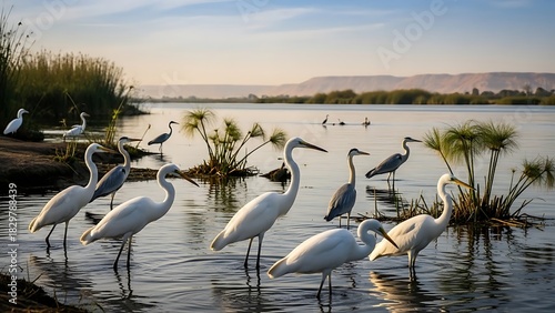 Several egrets and herons wading in shallow water at sunrise