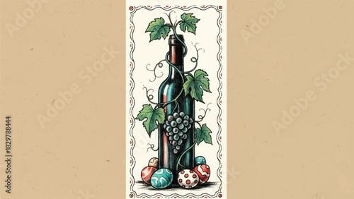 Vintage Wine Bottle Illustration with Grape Vine, Decorative Border, and Colorful Easter Eggs