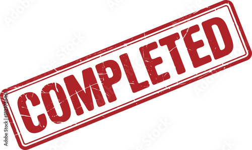 Grungy red rubber stamp prominently displaying the word COMPLETED angled across a clean white surface