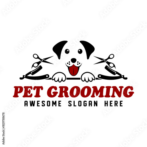Logo template for pet grooming salon, pet grooming and styling salon, dog and cat shop. Vector illustration.