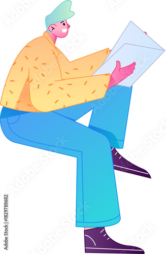 Vector flat gradient illustration of a character reading a book.
