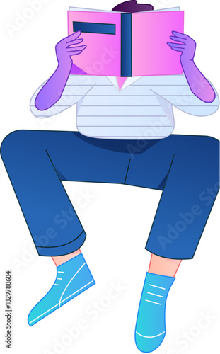 Vector flat gradient illustration of a character reading a book.
