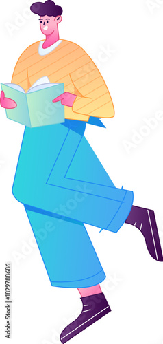 Vector flat gradient illustration of a character reading a book.
