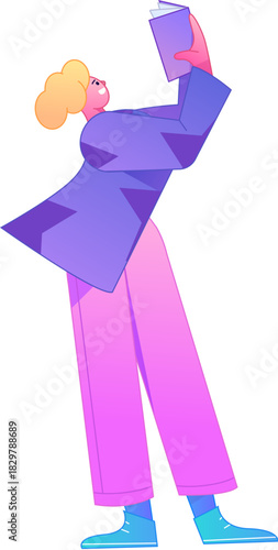 Vector flat gradient illustration of a character reading a book.
