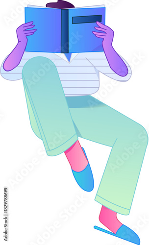 Vector flat gradient illustration of a character reading a book.
