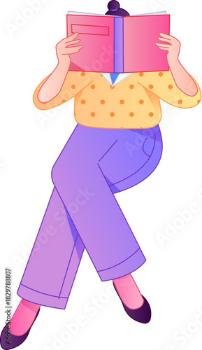 Vector flat gradient illustration of a character reading a book.
