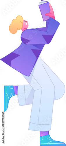 Vector flat gradient illustration of a character reading a book.
