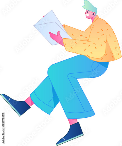Vector flat gradient illustration of a character reading a book.
