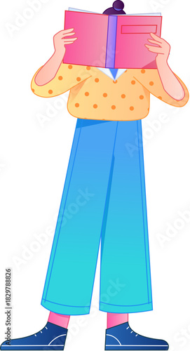 Vector flat gradient illustration of a character reading a book.

