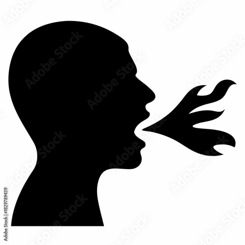 Silhouette of a person breathing fire, vector illustration of mythological figure