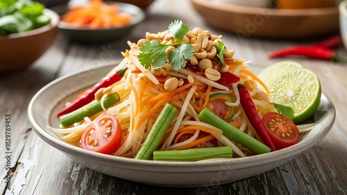 Green papaya salad with peanuts, chilies, and lime on rustic table