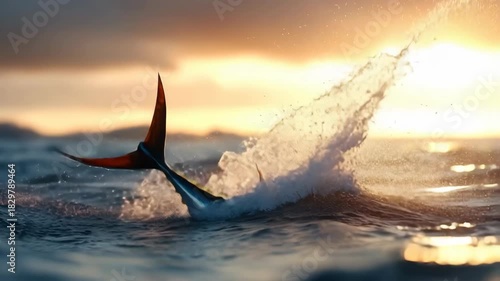 Tuna Fish Leaping from Ocean at Sunset