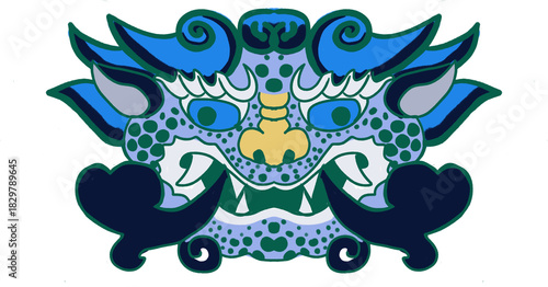 Korean Traditional Dragon Mask Illustration in Folk Art Style