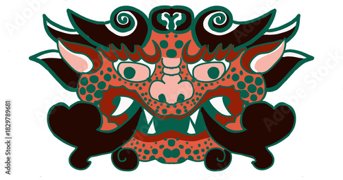 Korean Traditional Dragon Mask Illustration in Folk Art Style