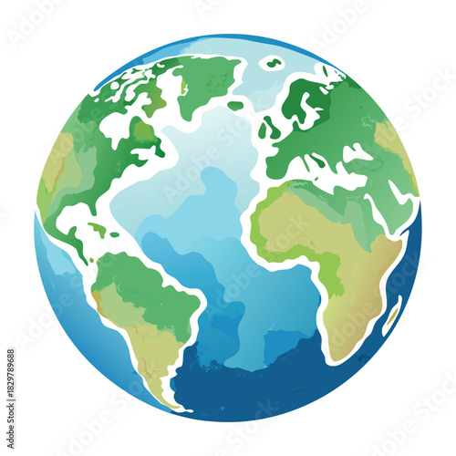 Colorful cartoon-style Earth globe with bright blue oceans and green continents, smooth gradients, soft shadows, clean vector look