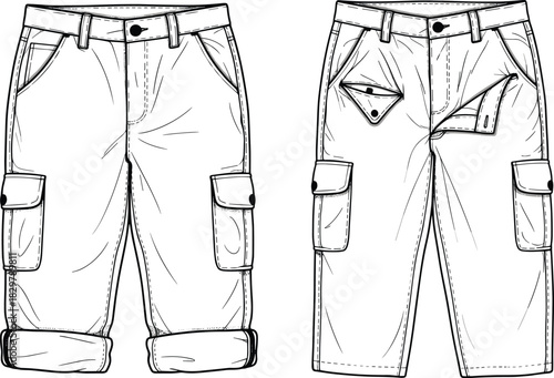 Cargo pants technical sketch with rolled hems front and back views featuring pockets stitching details and apparel flat template